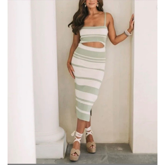 Mable Dresses & Skirts - Mable Green Cream Knit Cutout Midi Dress Size Large